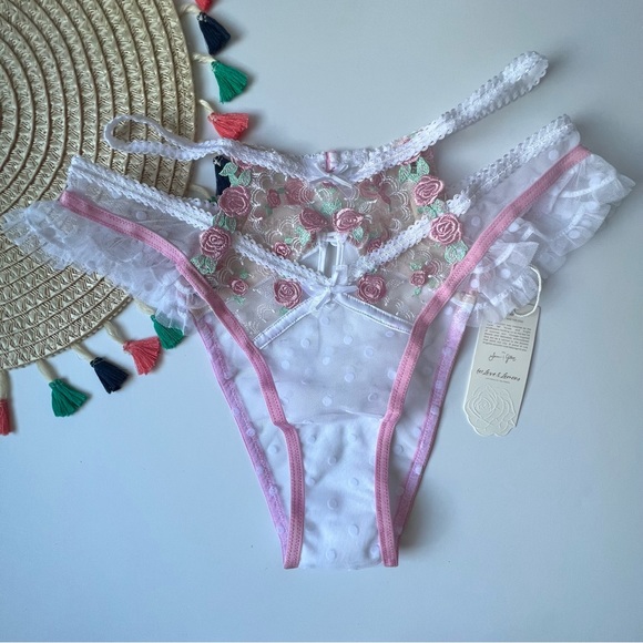 For Love And Lemons Pointelle Roses Panty Pink/White Small NEW - Picture 3 of 9